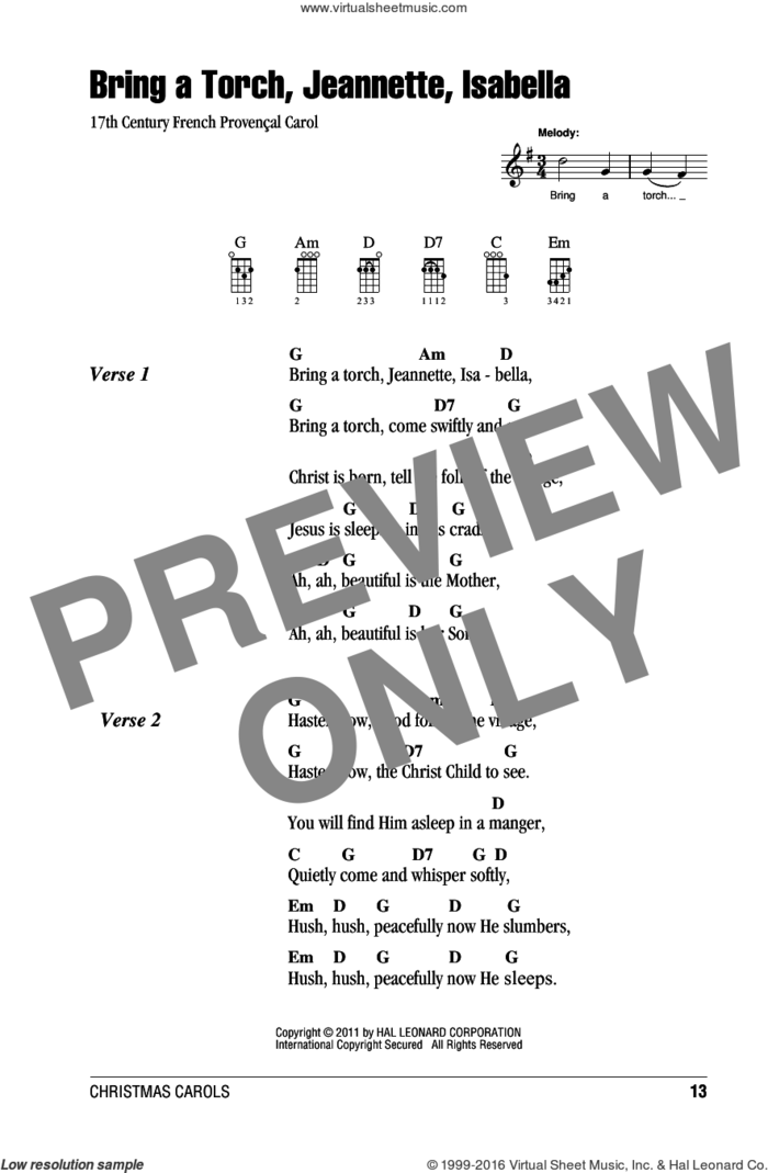 Bring A Torch, Jeannette, Isabella sheet music for ukulele (chords) by Anonymous and Miscellaneous, intermediate skill level