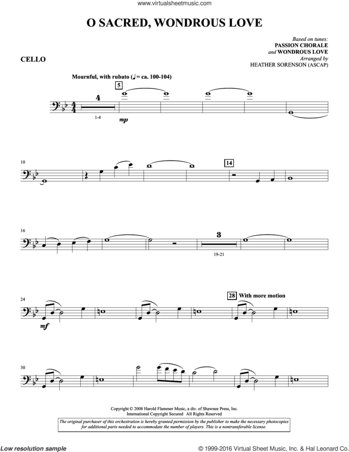 O Sacred, Wondrous Love sheet music for orchestra/band (Cello) by Heather Sorenson, intermediate skill level