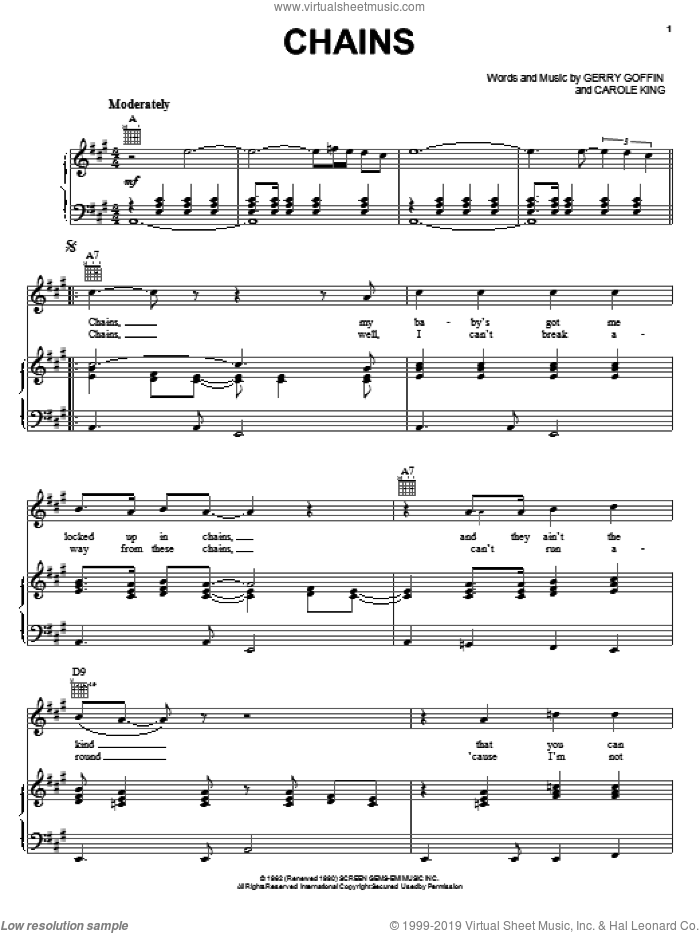 Chains sheet music for voice, piano or guitar by The Beatles, Carole King and Gerry Goffin, intermediate skill level