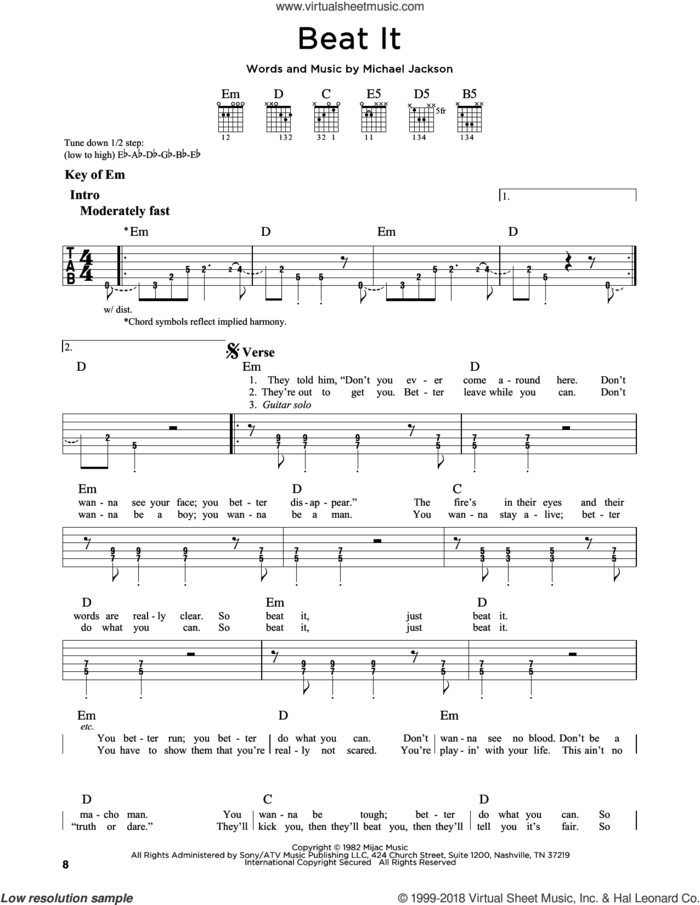 Beat It sheet music for guitar solo (lead sheet) by Michael Jackson, intermediate guitar (lead sheet)