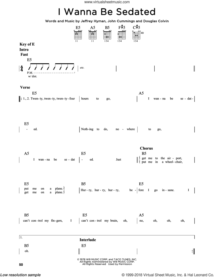 I Wanna Be Sedated sheet music for guitar solo (lead sheet) by Ramones, Douglas Colvin, Jeffrey Hyman and John Cummings, intermediate guitar (lead sheet)