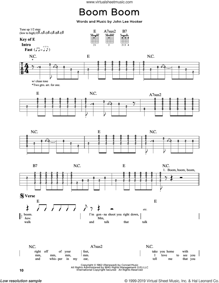 Boom Boom sheet music for guitar solo (lead sheet) by John Lee Hooker, Big Head Todd & The Monsters, Eric Clapton and The Animals, intermediate guitar (lead sheet)