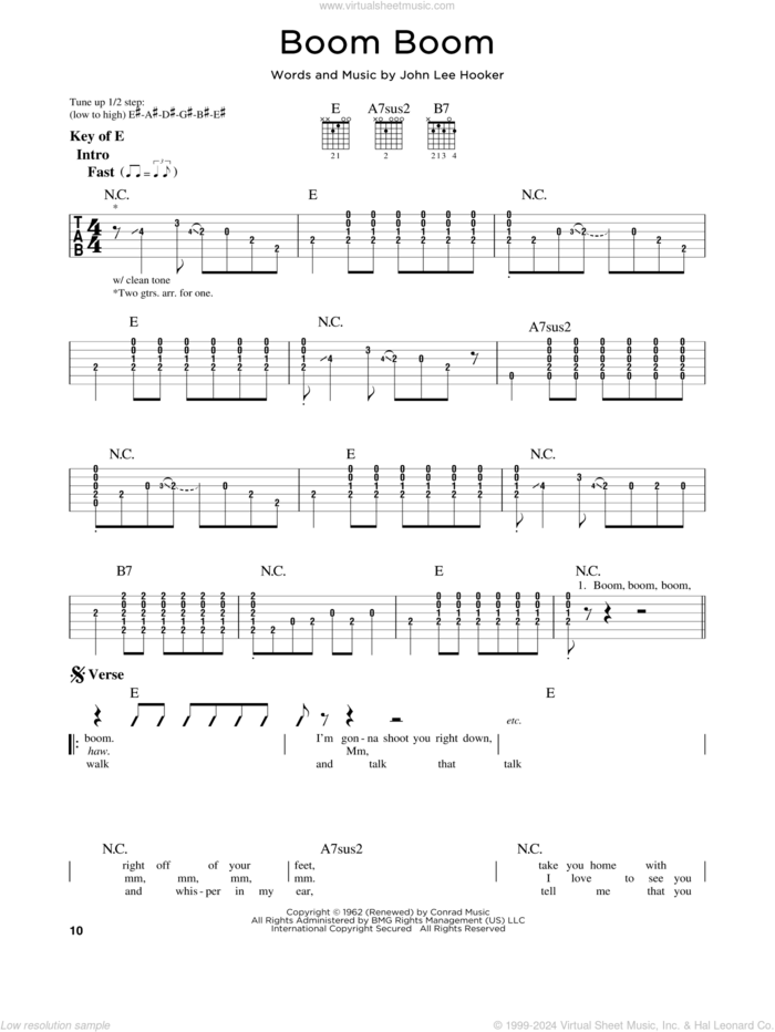 Boom Boom sheet music for guitar solo (lead sheet) by John Lee Hooker, Big Head Todd & The Monsters, Eric Clapton and The Animals, intermediate guitar (lead sheet)