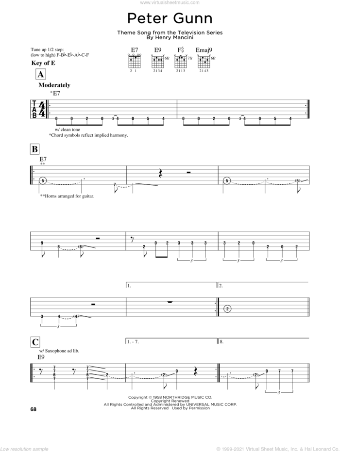 Peter Gunn sheet music for guitar solo (lead sheet) by Henry Mancini, intermediate guitar (lead sheet)