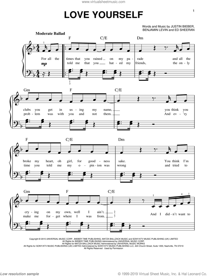 Love Yourself, (easy) sheet music for piano solo by Justin Bieber, Benny Blanco and Ed Sheeran, easy skill level
