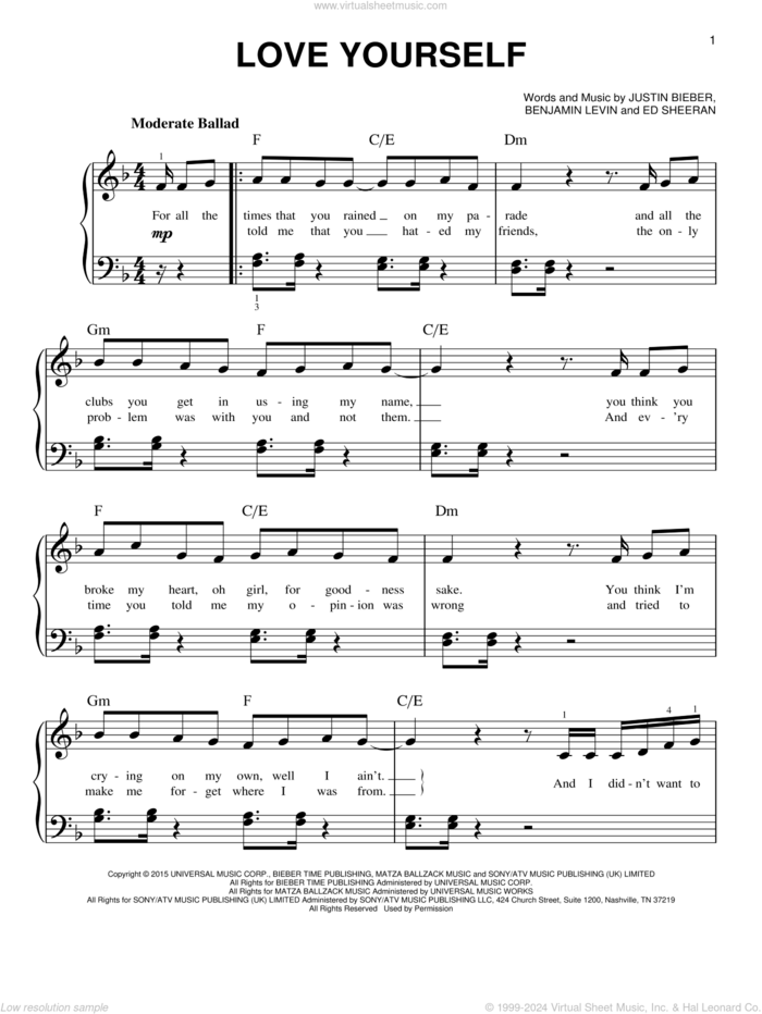 Love Yourself sheet music for piano solo by Justin Bieber, Benny Blanco and Ed Sheeran, easy skill level