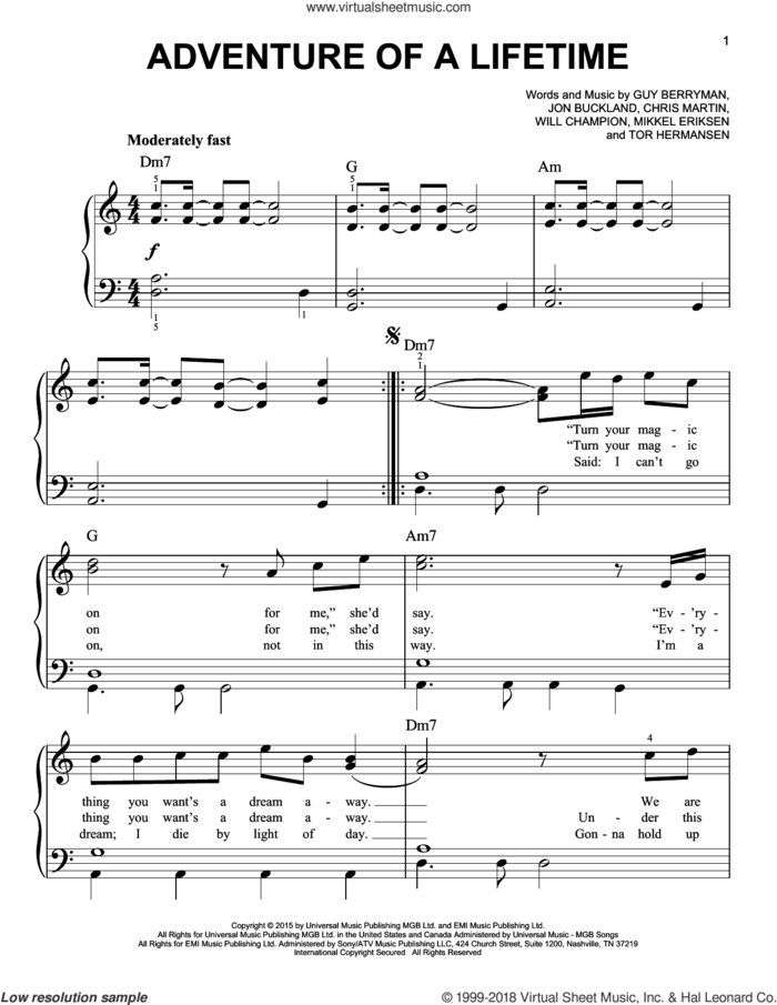 Adventure Of A Lifetime sheet music for piano solo by Guy Berryman, Coldplay, Chris Martin, Jon Buckland, Mikkel Eriksen, Tor Erik Hermansen and Will Champion, easy skill level