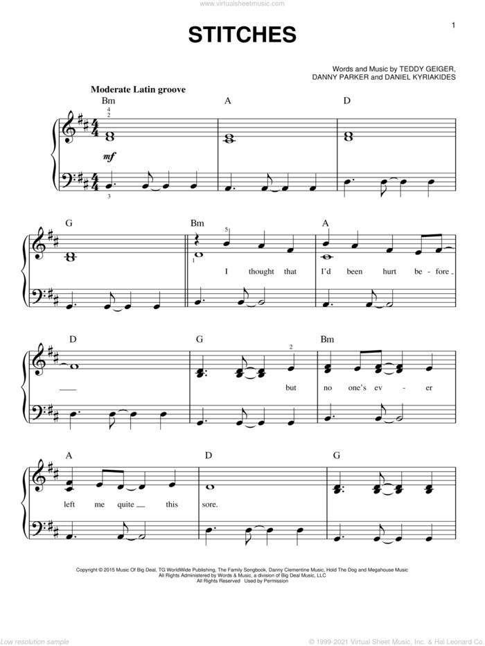 Stitches, (easy) sheet music for piano solo by Shawn Mendes, Daniel Kyriakides, Danny Parker and Teddy Geiger, easy skill level