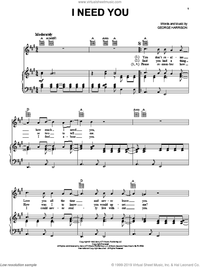 I Need You sheet music for voice, piano or guitar by The Beatles and George Harrison, intermediate skill level