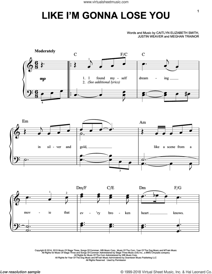 Like I'm Gonna Lose You sheet music for piano solo by Meghan Trainor, Caitlyn Elizabeth Smith and Justin Weaver, easy skill level