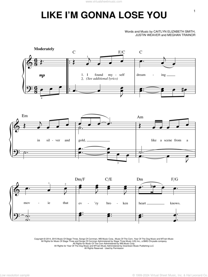 Like I'm Gonna Lose You sheet music for piano solo by Meghan Trainor, Caitlyn Elizabeth Smith and Justin Weaver, easy skill level