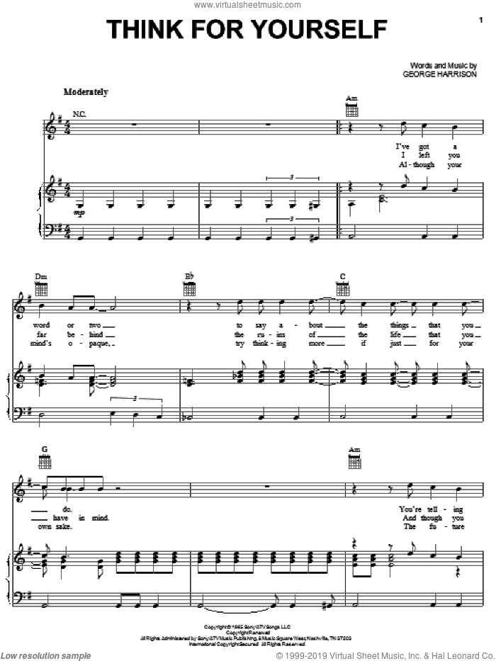 Think For Yourself sheet music for voice, piano or guitar by The Beatles and George Harrison, intermediate skill level