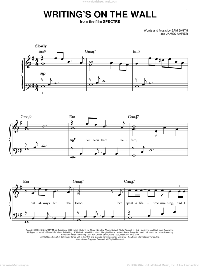 Writing's On The Wall sheet music for piano solo by Sam Smith and James Napier, easy skill level