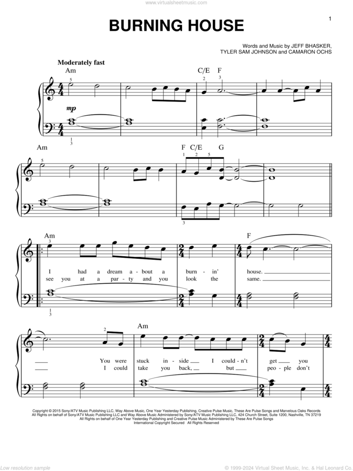 Burning House sheet music for piano solo by Cam, Camaron Ochs, Jeffrey Bhasker and Tyler Sam Johnson, easy skill level