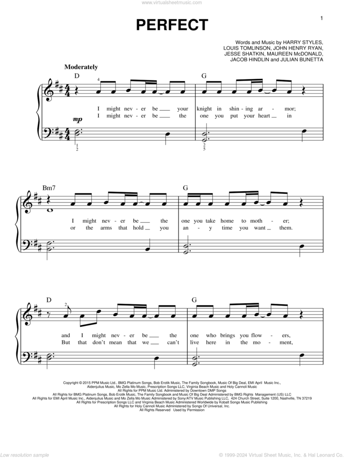 Perfect sheet music for piano solo by One Direction, Harry Styles, Jacob Hindlin, Jesse Shatkin, John Henry Ryan, Julian Bunetta, Louis Tomlinson and Maureen Mcdonald, easy skill level