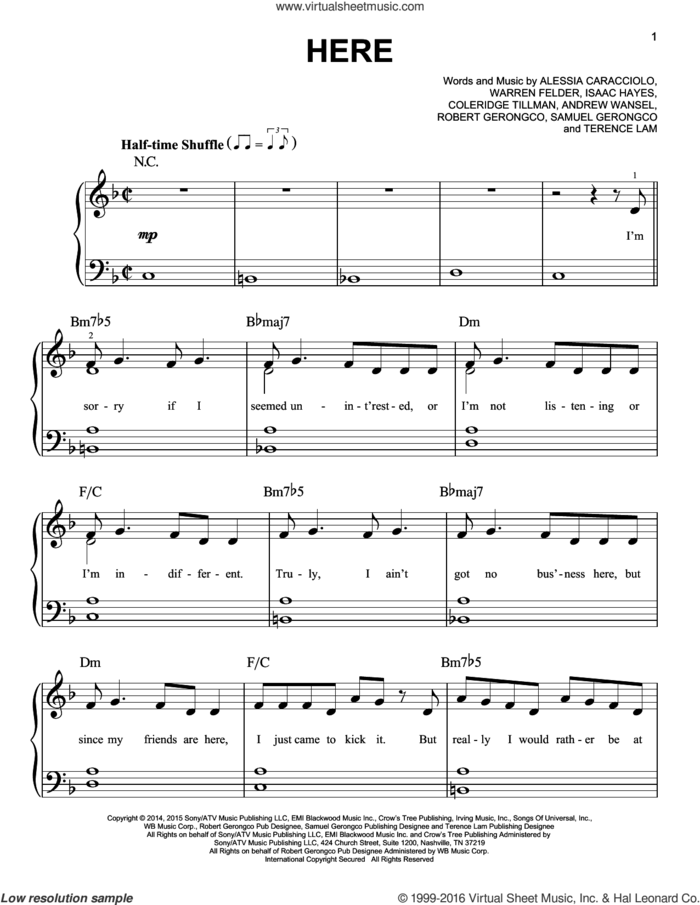 Here sheet music for piano solo by Alessia Cara, Alessia Caracciolo, Andrew Wansel, Coleridge Tillmam, Isaac Hayes, Robert Gerongco, Samuel Gerongco, Terence Lam and Warren Felder, easy skill level