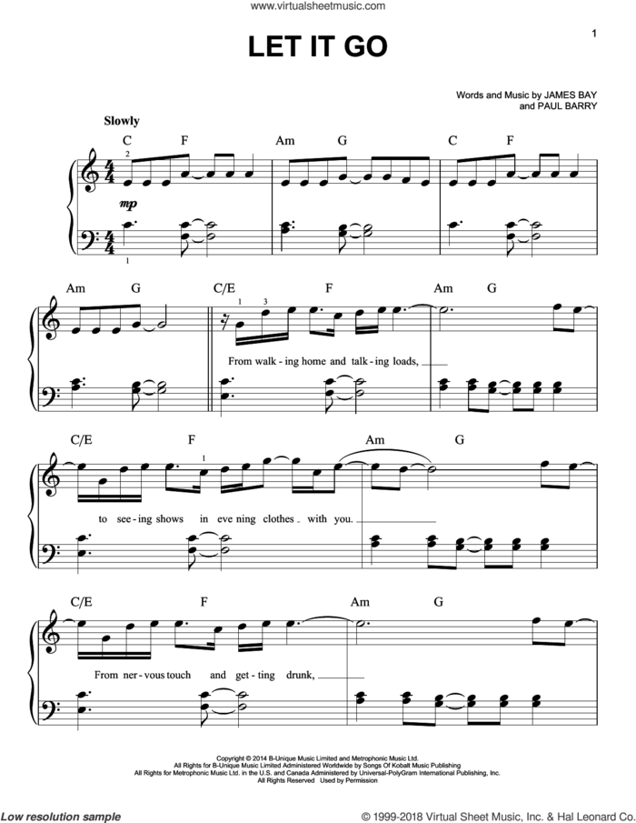 Let It Go, (easy) sheet music for piano solo by James Bay and Paul Barry, easy skill level