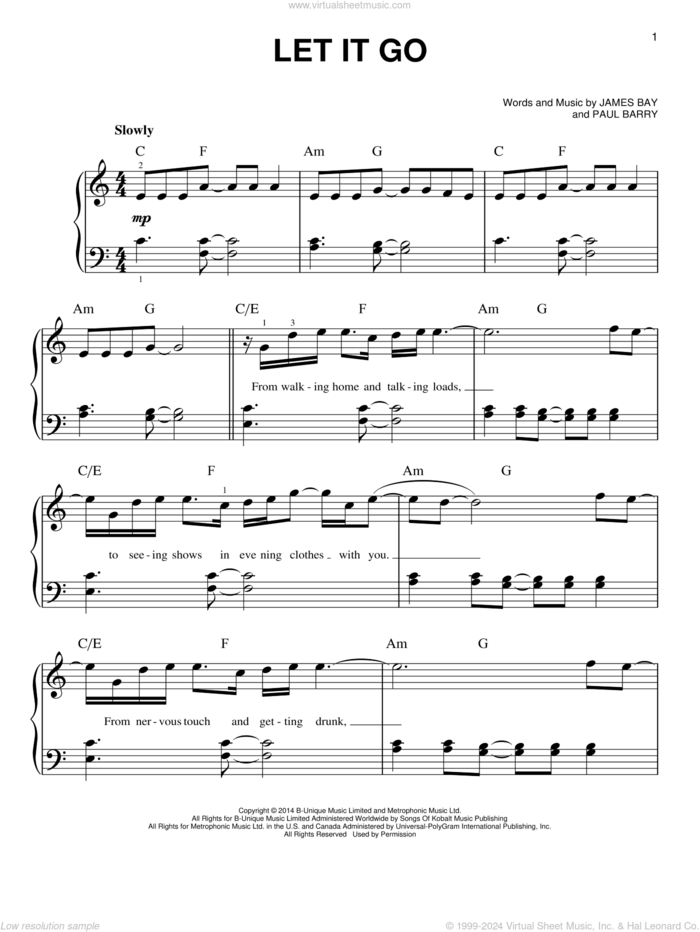 Let It Go, (easy) sheet music for piano solo by James Bay and Paul Barry, easy skill level