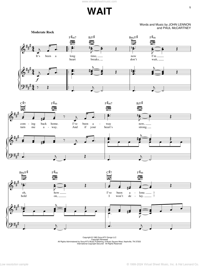 Wait sheet music for voice, piano or guitar by The Beatles, John Lennon and Paul McCartney, intermediate skill level