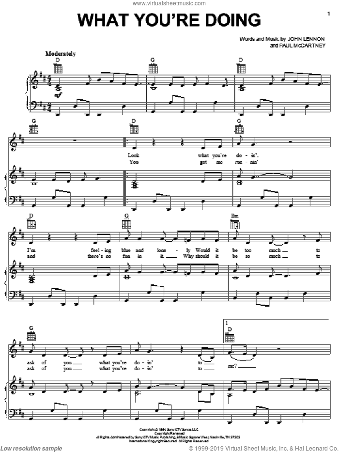 What You're Doing sheet music for voice, piano or guitar by The Beatles, John Lennon and Paul McCartney, intermediate skill level