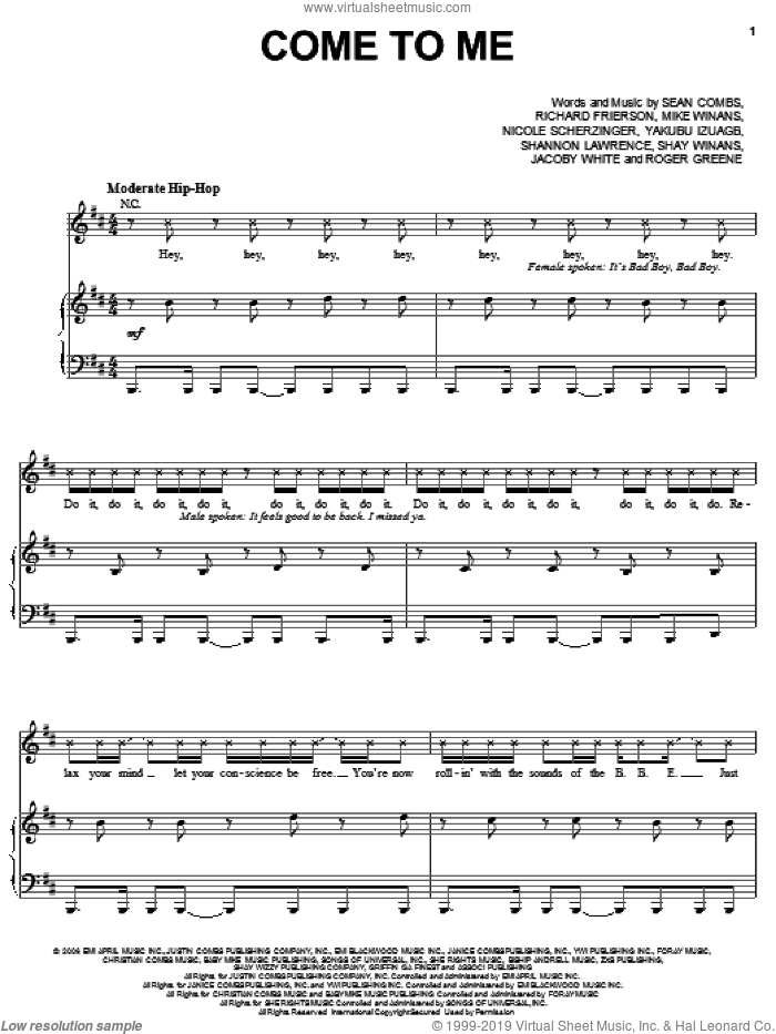 Come To Me sheet music for voice, piano or guitar by Diddy featuring Nicole Scherzinger, Diddy, Jacoby White, Mike Winans, Nicole Scherzinger, Roger Greene, Roger Greene, Jr., Sean Combs, Shannon Lawrence and Shay Winans, intermediate skill level