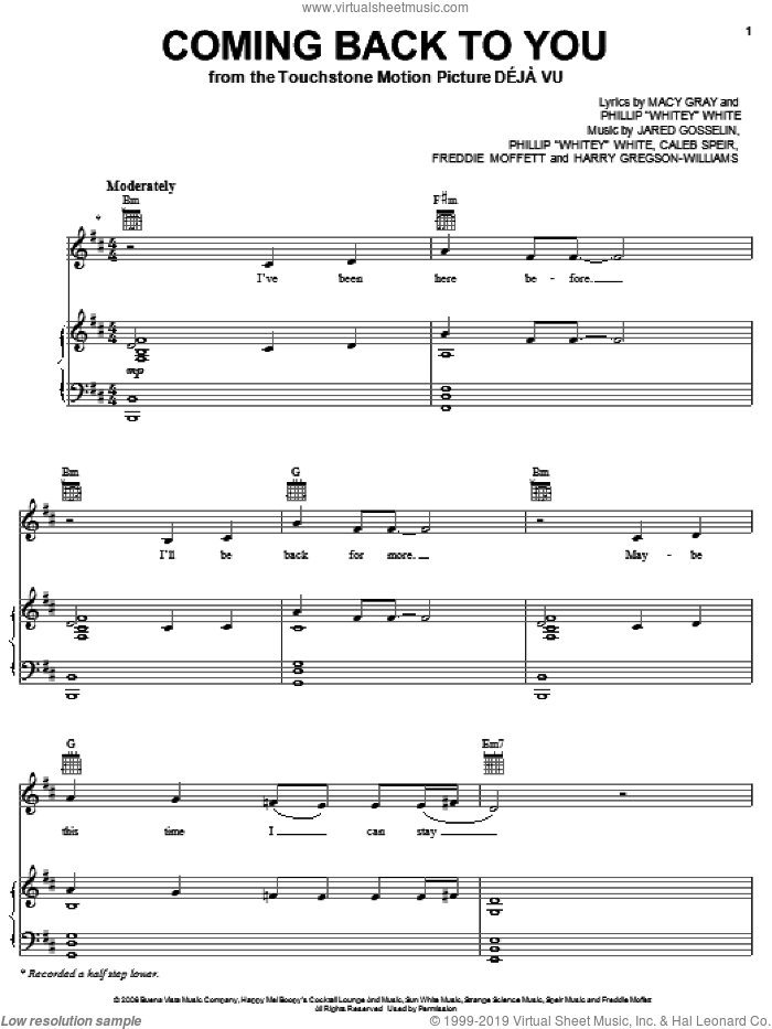 Coming Back To You sheet music for voice, piano or guitar by Macy Gray, Caleb Speir, Freddie Moffett, Harry Gregson-Williams, Jared Gosselin, Philip White and Phillip 'Whitey' White, intermediate skill level