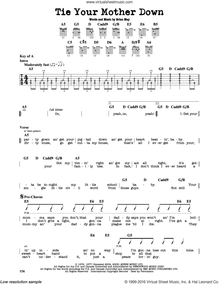 Tie Your Mother Down sheet music for guitar solo (lead sheet) by Queen and Brian May, intermediate guitar (lead sheet)
