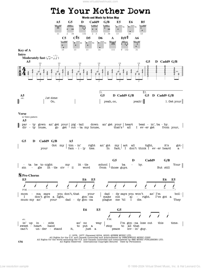 Tie Your Mother Down sheet music for guitar solo (lead sheet) by Queen and Brian May, intermediate guitar (lead sheet)
