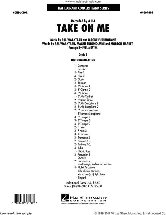 Take on Me (COMPLETE) sheet music for concert band by Paul Murtha, a-ha, Aha, Magne Furuholmne, Morton Harket and Pal Waaktaar, intermediate skill level