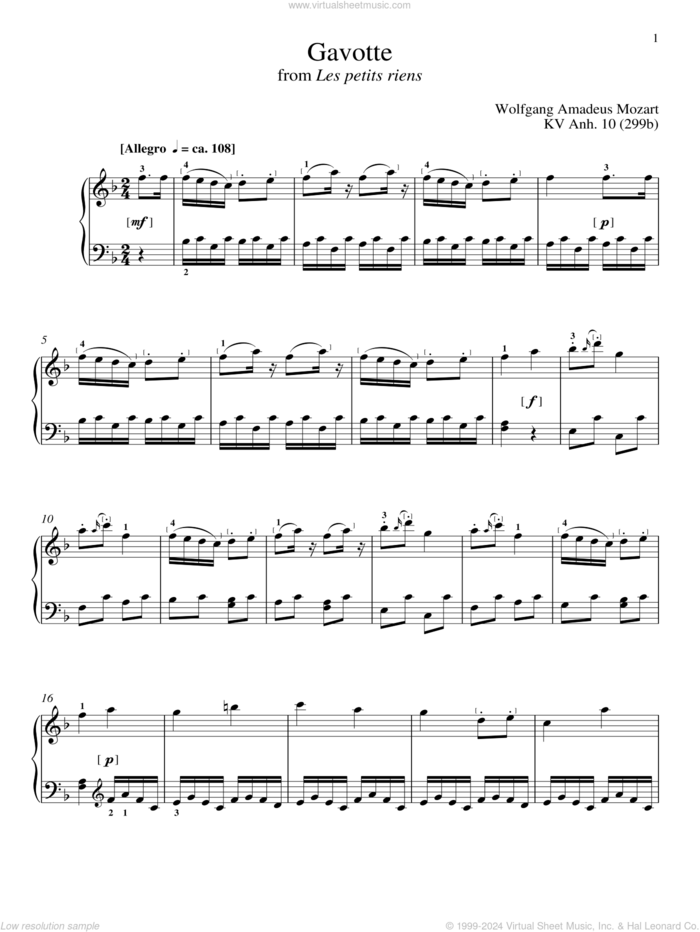 Gavotte sheet music for piano solo by Wolfgang Amadeus Mozart, classical score, intermediate skill level