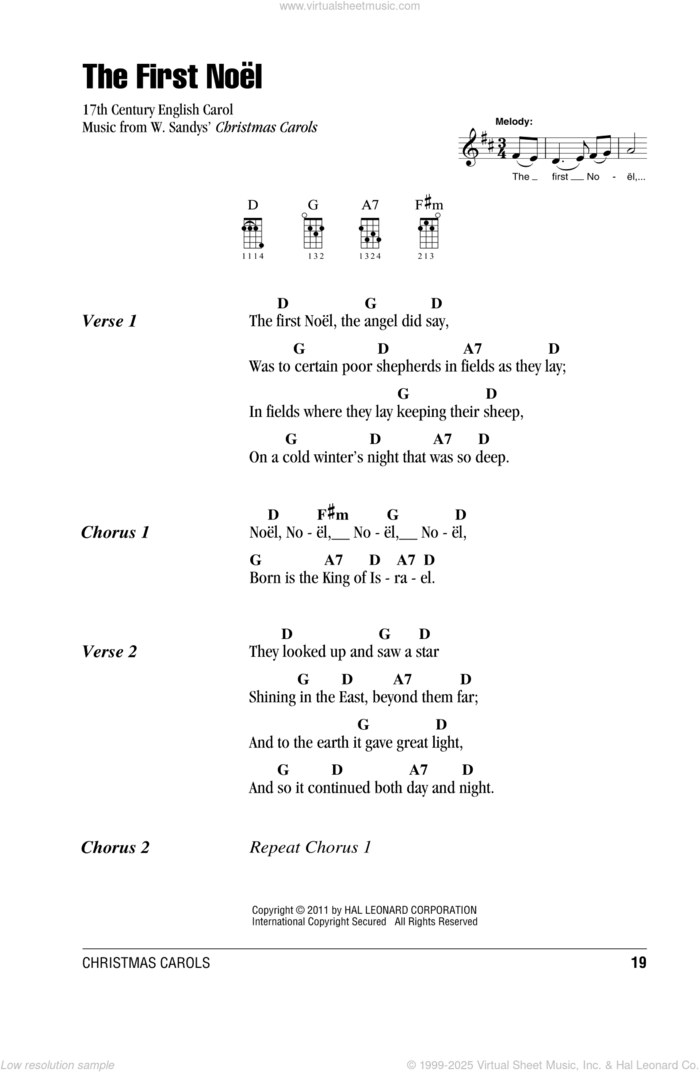 The First Noel sheet music for ukulele (chords) by W. Sandys' Christmas Carols and Miscellaneous, intermediate skill level