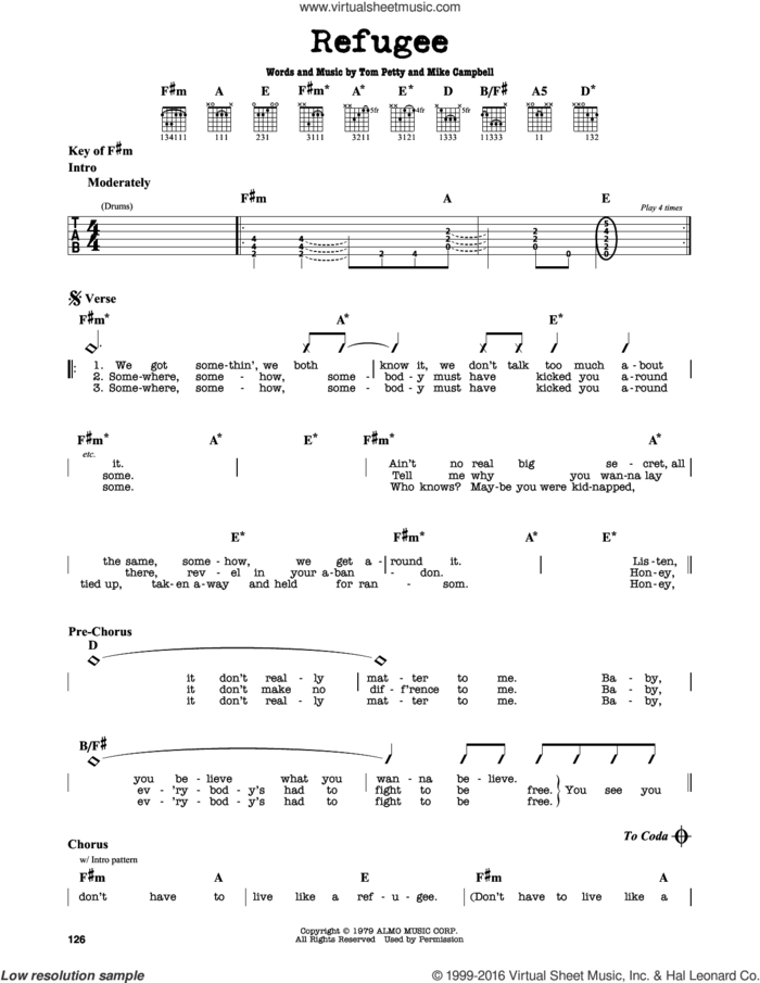 Refugee sheet music for guitar solo (lead sheet) by Tom Petty and Mike Campbell, intermediate guitar (lead sheet)
