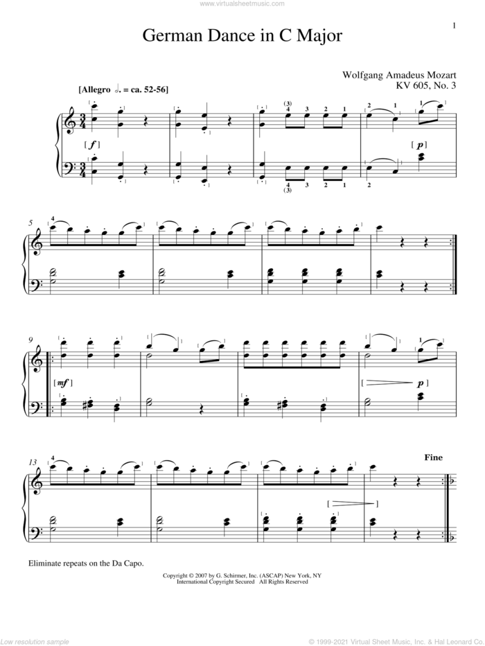 German Dance In C Major, K605, No. 3 sheet music for piano solo by Wolfgang Amadeus Mozart, classical score, intermediate skill level