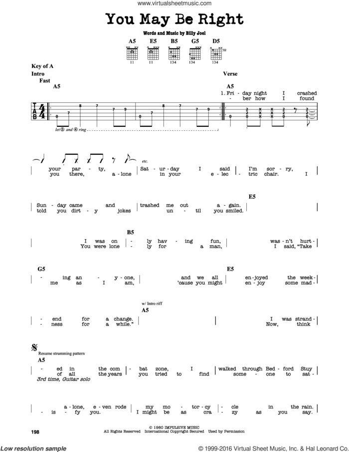 You May Be Right sheet music for guitar solo (lead sheet) by Billy Joel, intermediate guitar (lead sheet)