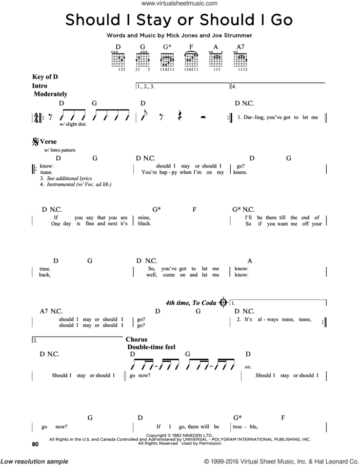 Should I Stay Or Should I Go sheet music for guitar solo (lead sheet) by The Clash, Joe Strummer and Mick Jones, intermediate guitar (lead sheet)