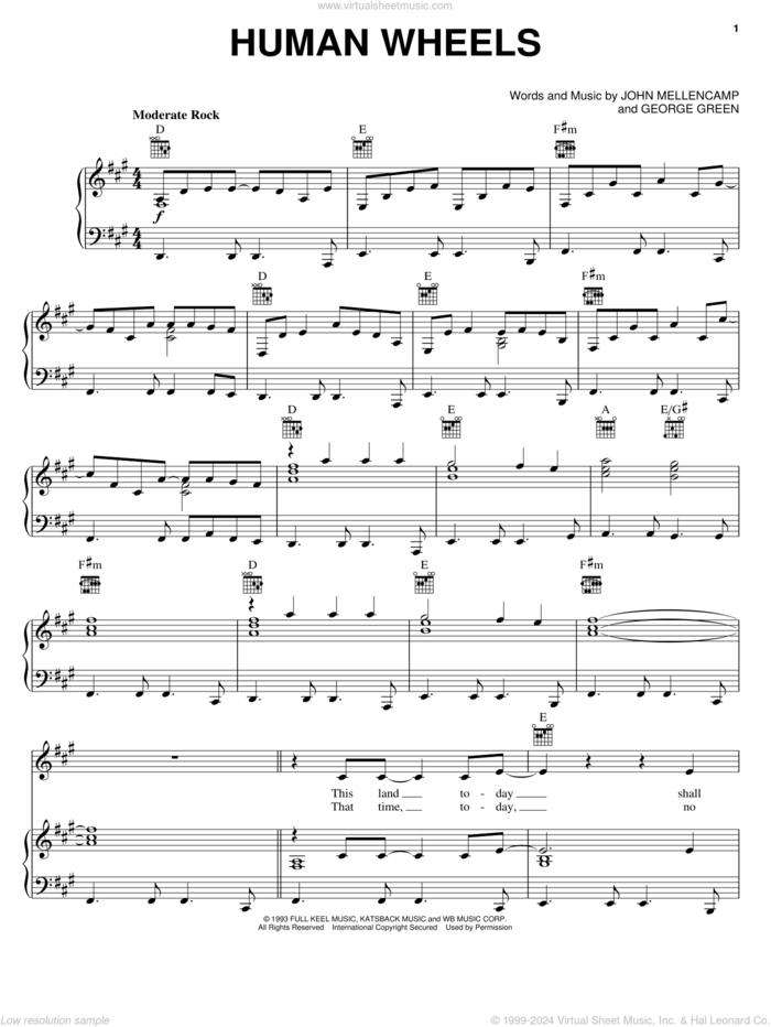 Human Wheels sheet music for voice, piano or guitar by John Mellencamp and George Green, intermediate skill level