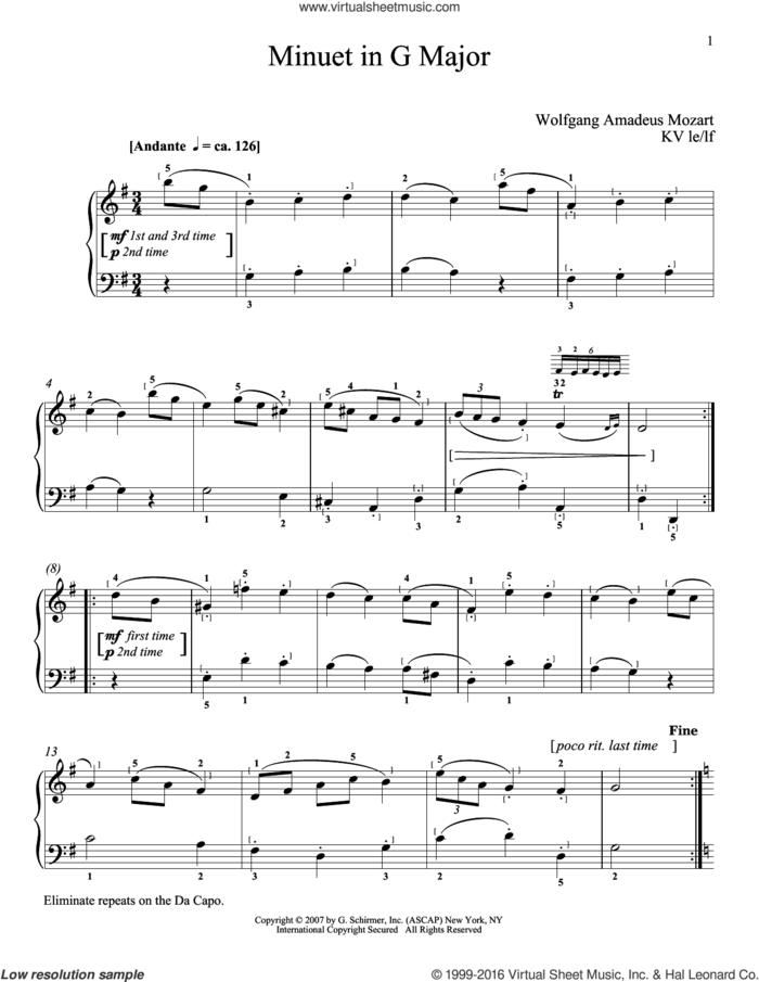 Minuet In G Major, K. 1 sheet music for piano solo by Wolfgang Amadeus Mozart, classical score, intermediate skill level