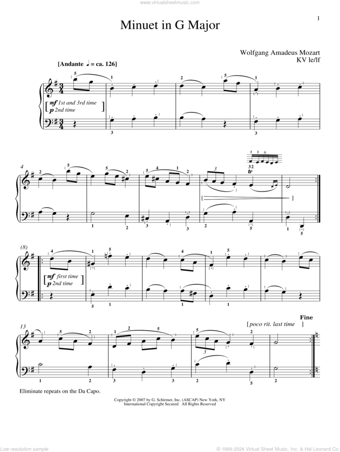 Minuet In G Major, K. 1 sheet music for piano solo by Wolfgang Amadeus Mozart, classical score, intermediate skill level