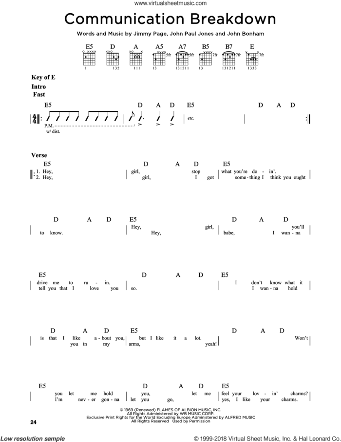 Communication Breakdown sheet music for guitar solo (lead sheet) by Led Zeppelin, Jimmy Page, John Bonham and John Paul Jones, intermediate guitar (lead sheet)