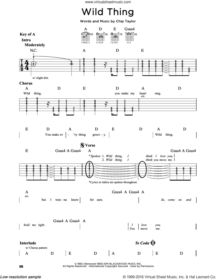 Wild Thing sheet music for guitar solo (lead sheet) by The Troggs and Chip Taylor, intermediate guitar (lead sheet)