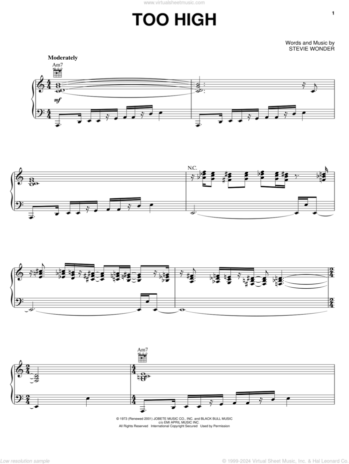 Too High sheet music for voice, piano or guitar by Michael McDonald and Stevie Wonder, intermediate skill level