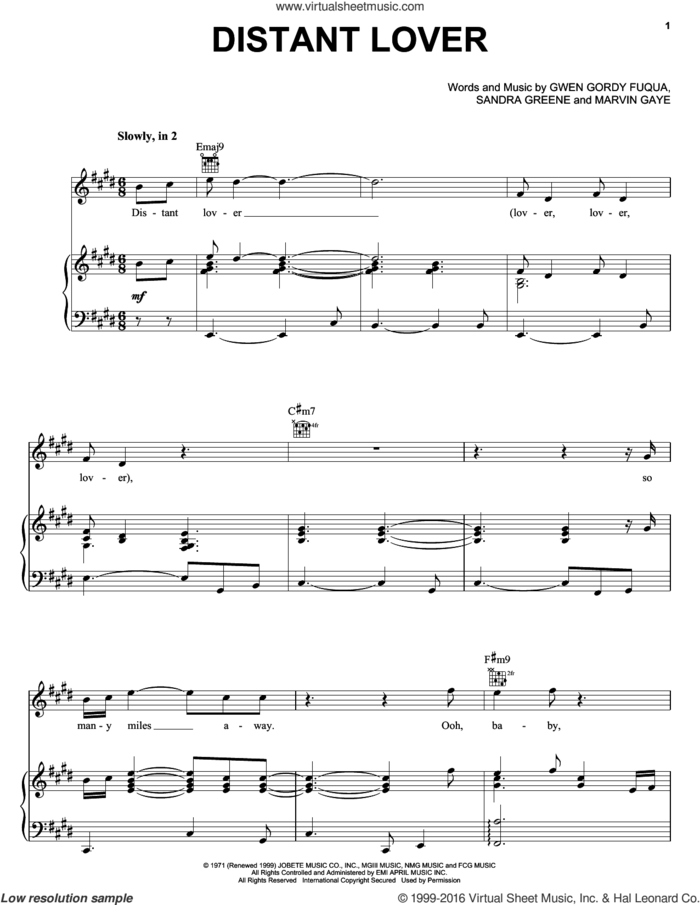 Distant Lover sheet music for voice, piano or guitar by Michael McDonald, Gwen Fuqua, Marvin Gaye and Sandra Greene, intermediate skill level