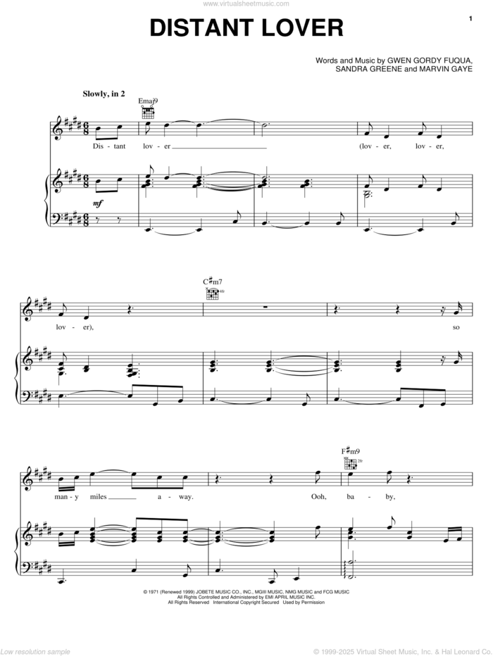 Distant Lover sheet music for voice, piano or guitar by Michael McDonald, Gwen Fuqua, Marvin Gaye and Sandra Greene, intermediate skill level