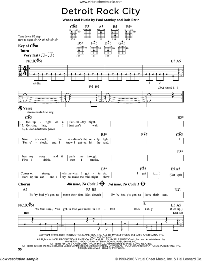 Detroit Rock City sheet music for guitar solo (lead sheet) by KISS, Bob Ezrin and Paul Stanley, intermediate guitar (lead sheet)