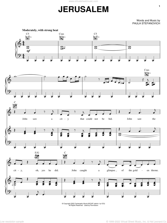Jerusalem sheet music for voice, piano or guitar by The Hoppers and Paula Stefanovich, intermediate skill level