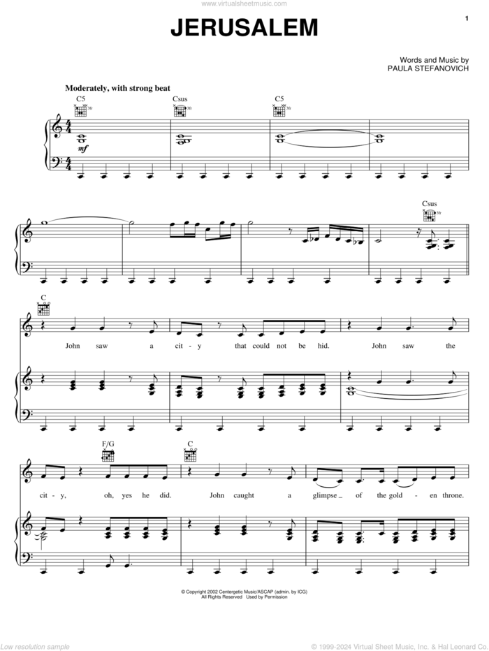 Jerusalem sheet music for voice, piano or guitar by The Hoppers and Paula Stefanovich, intermediate skill level
