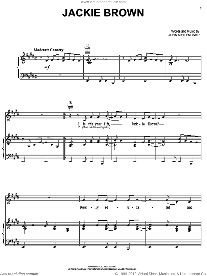 Jackie Brown sheet music for voice, piano or guitar by John Mellencamp, intermediate skill level