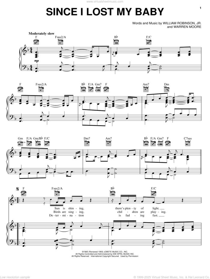 Since I Lost My Baby sheet music for voice, piano or guitar by Michael McDonald, Luther Vandross, The Temptations, Warren Moore and William Robinson Jr., intermediate skill level