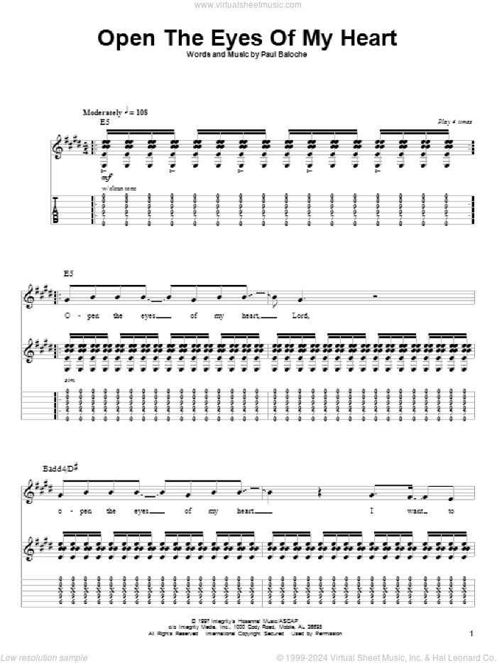 Open The Eyes Of My Heart sheet music for guitar (tablature, play-along) by Paul Baloche and Sonicflood, intermediate skill level
