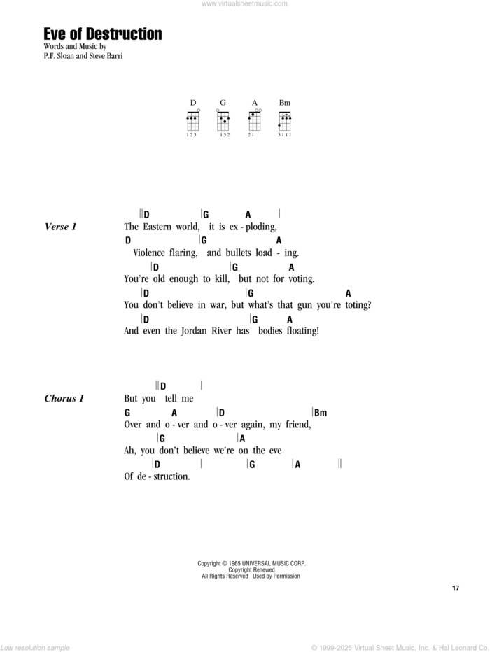 Eve Of Destruction sheet music for ukulele (chords) by Barry McGuire, P.F. Sloan and Steve Barri, intermediate skill level